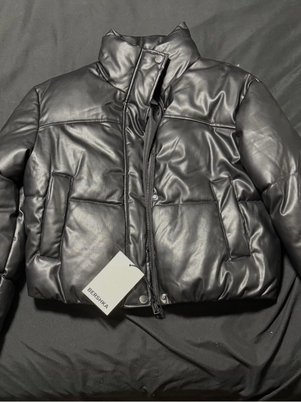 Bershka Black Faux Leather Cropped Puffer Jacket